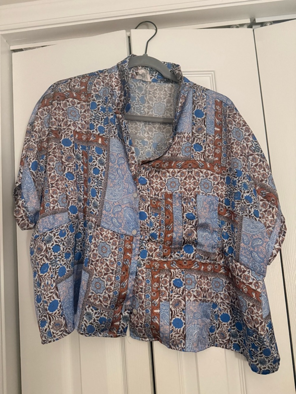 Boho Patchwork Print Button-Up Shirt in Blue and Brown